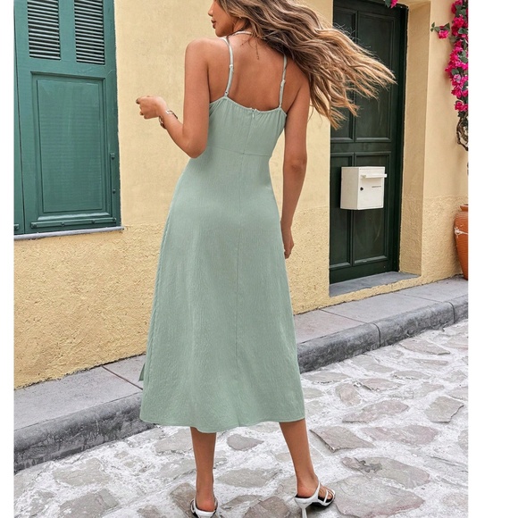 Luxe Solid Ruched Detail High Waisted Cami Midi Dress - Picture 3 of 5